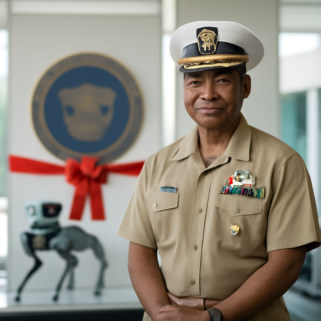 Naval officer stands at ribbon-cutting ceremony for new command center.