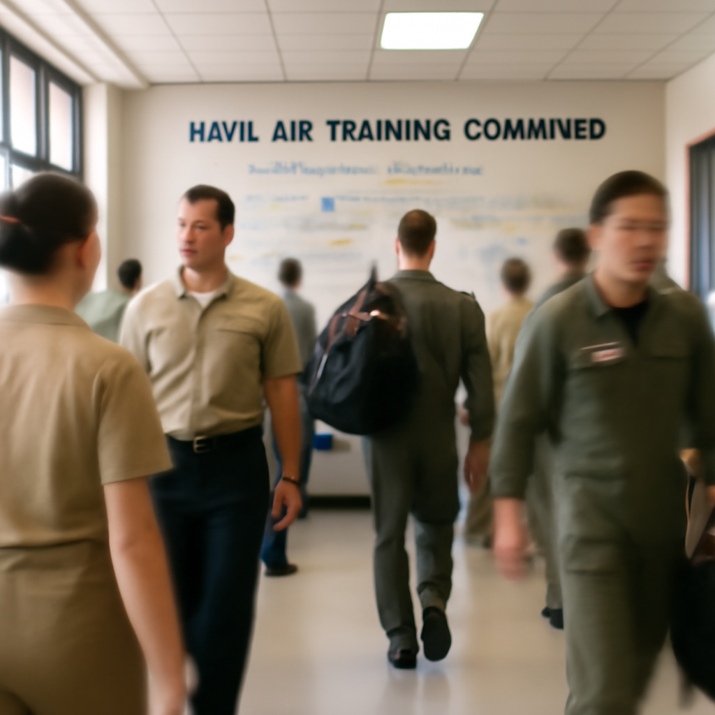 Busy hallway at a Naval Air Training Command facility with personnel and students moving in different directions.