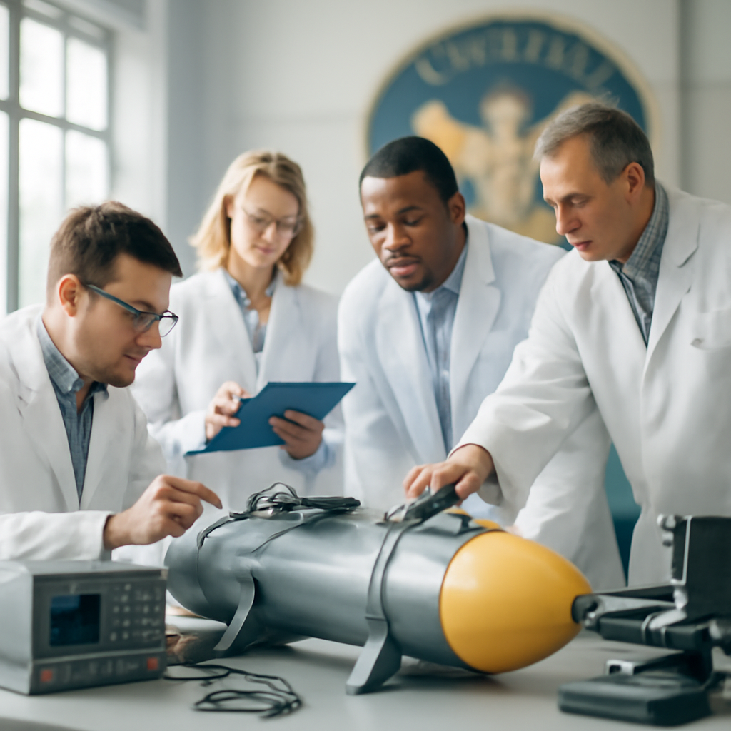 Scientists and engineers gather around a prototype device at a naval research facility.