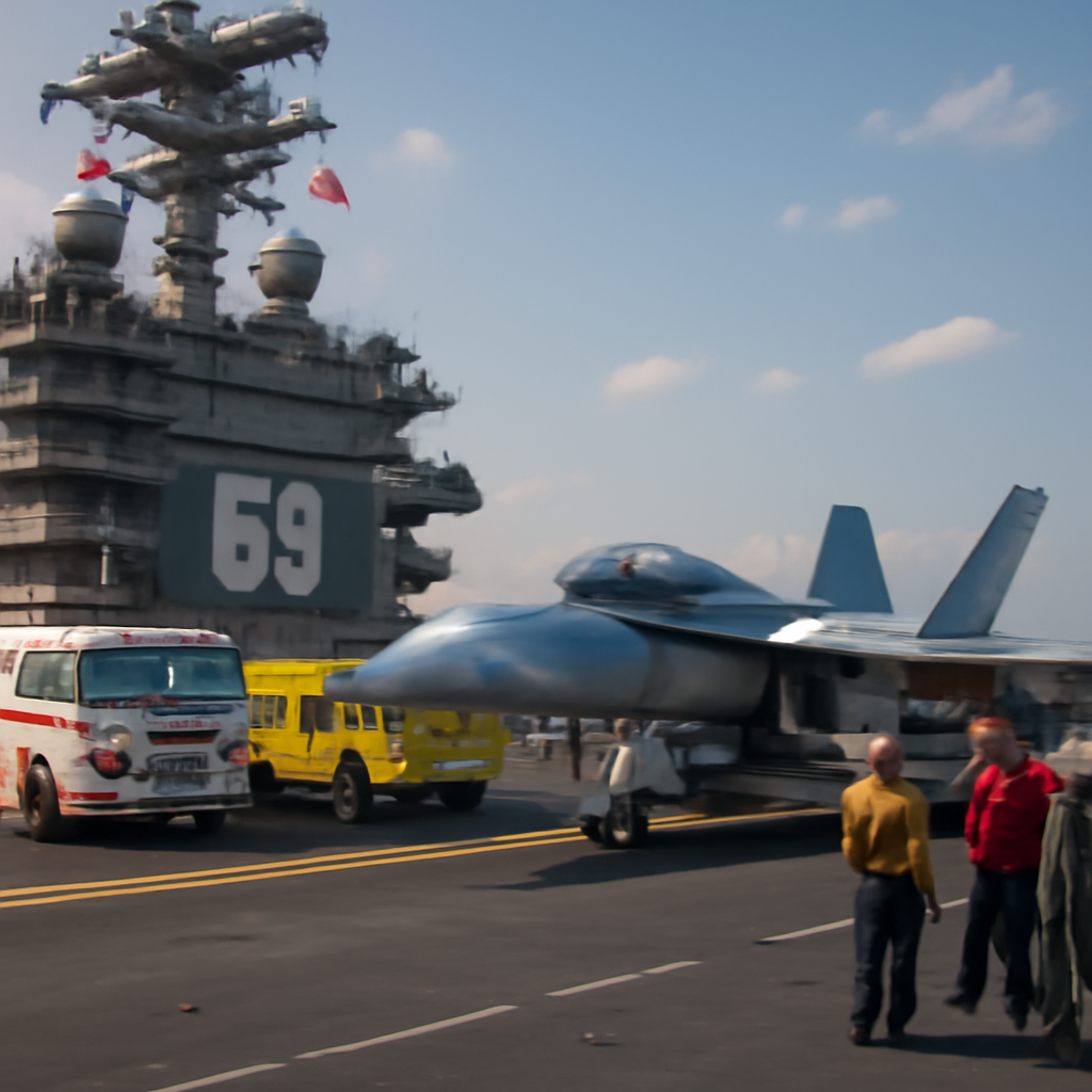 Sailors gather near an EA-18G Growler jet on the flight deck of an aircraft carrier.