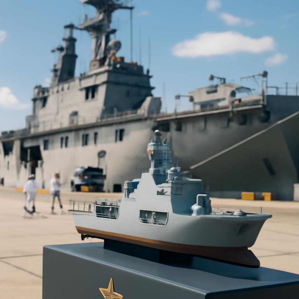 Naval ship docked at port with sailors, equipment, and model amphibious ship on display.