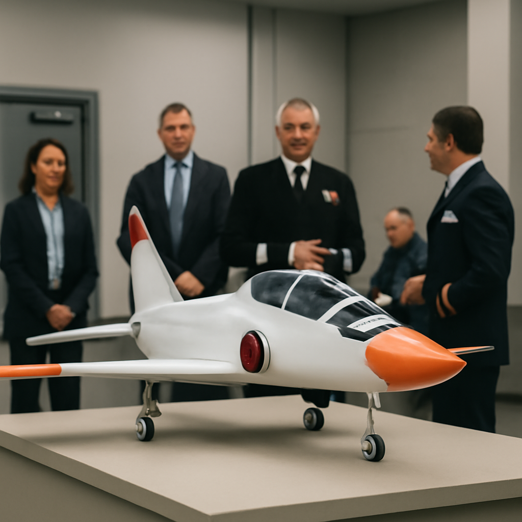 Naval officials examine a trainer jet model in a briefing room.