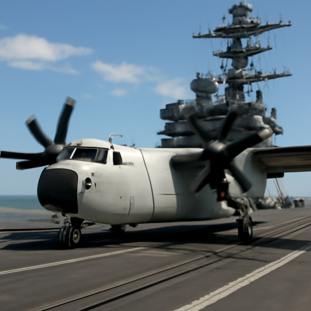 C-2 Greyhound aircraft on a US Navy carrier deck with sailors and equipment in the background.