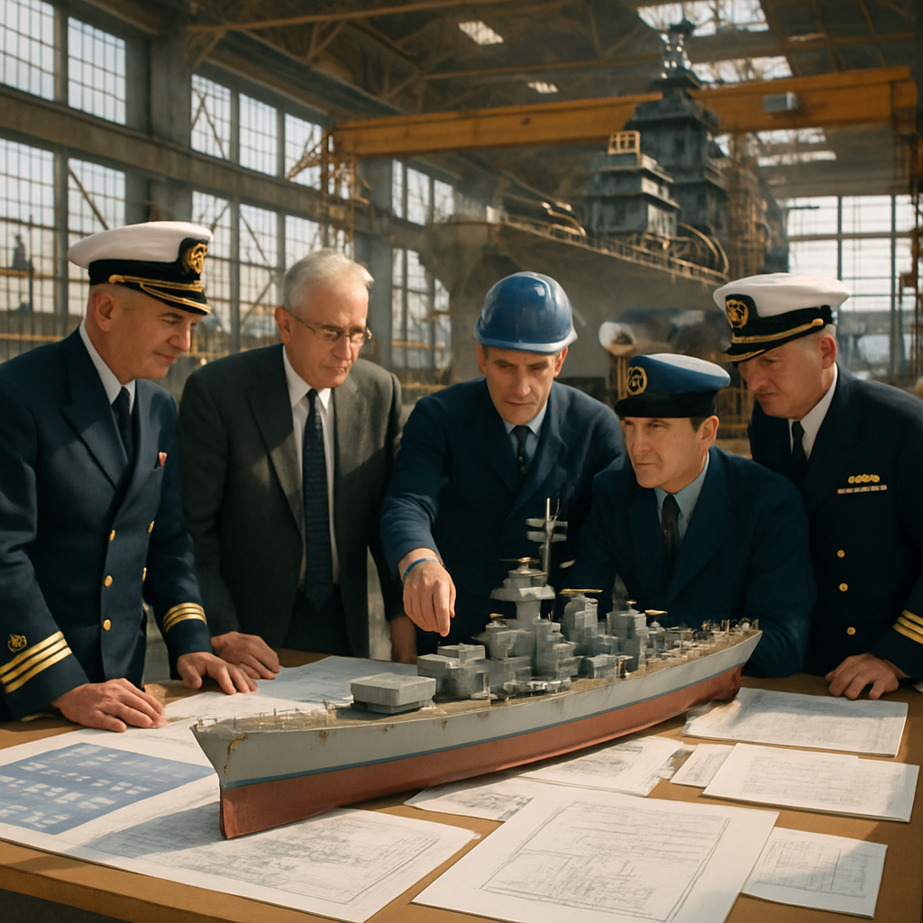 Naval officers and engineers discuss ship design around a table at a shipyard.