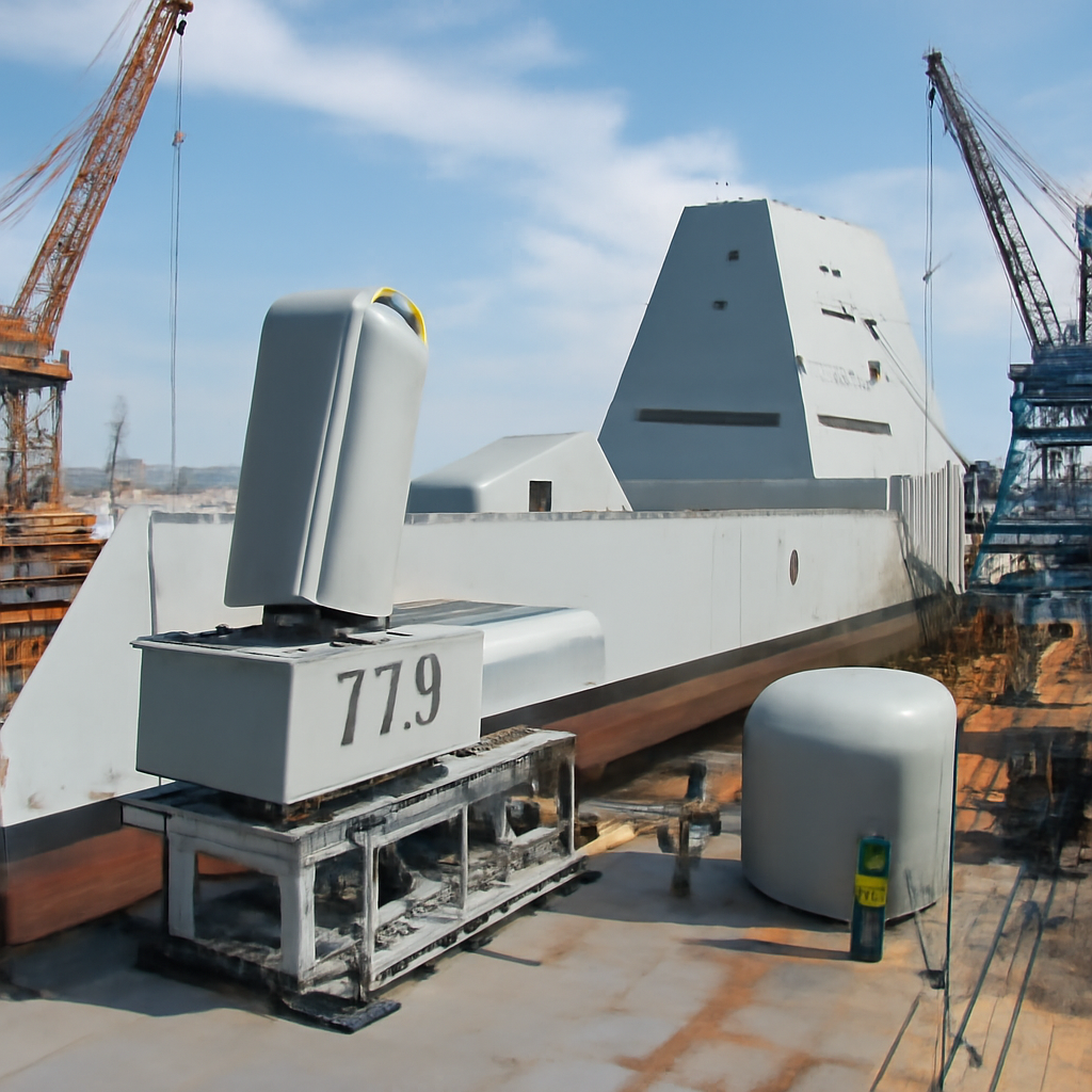 USS Zumwalt warship docked in a shipyard with hypersonic missile equipment being installed.
