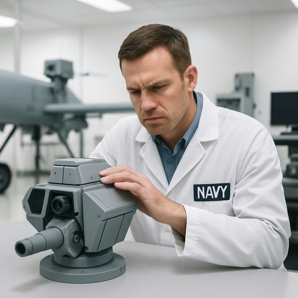 Navy scientist in lab coat surrounded by equipment in a research facility.