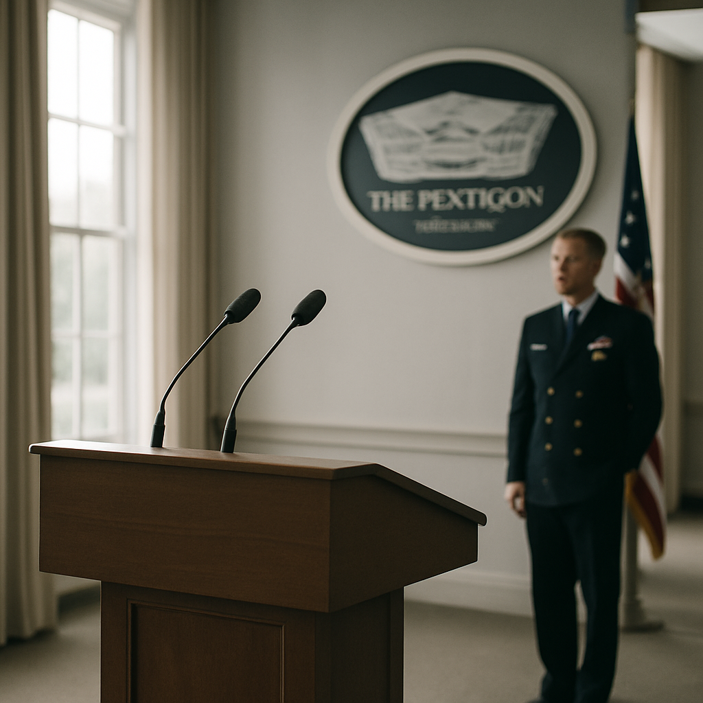 Formal Pentagon setting with podium and subtle Navy presence in background.