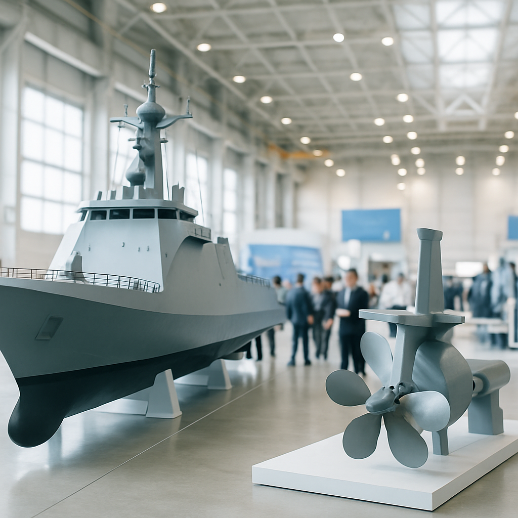 Naval ship component in foreground, blurred crowd in background at shipbuilding facility.