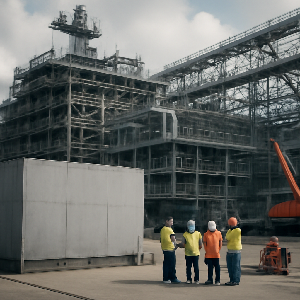 Naval shipyard construction site with workers and partially completed building.