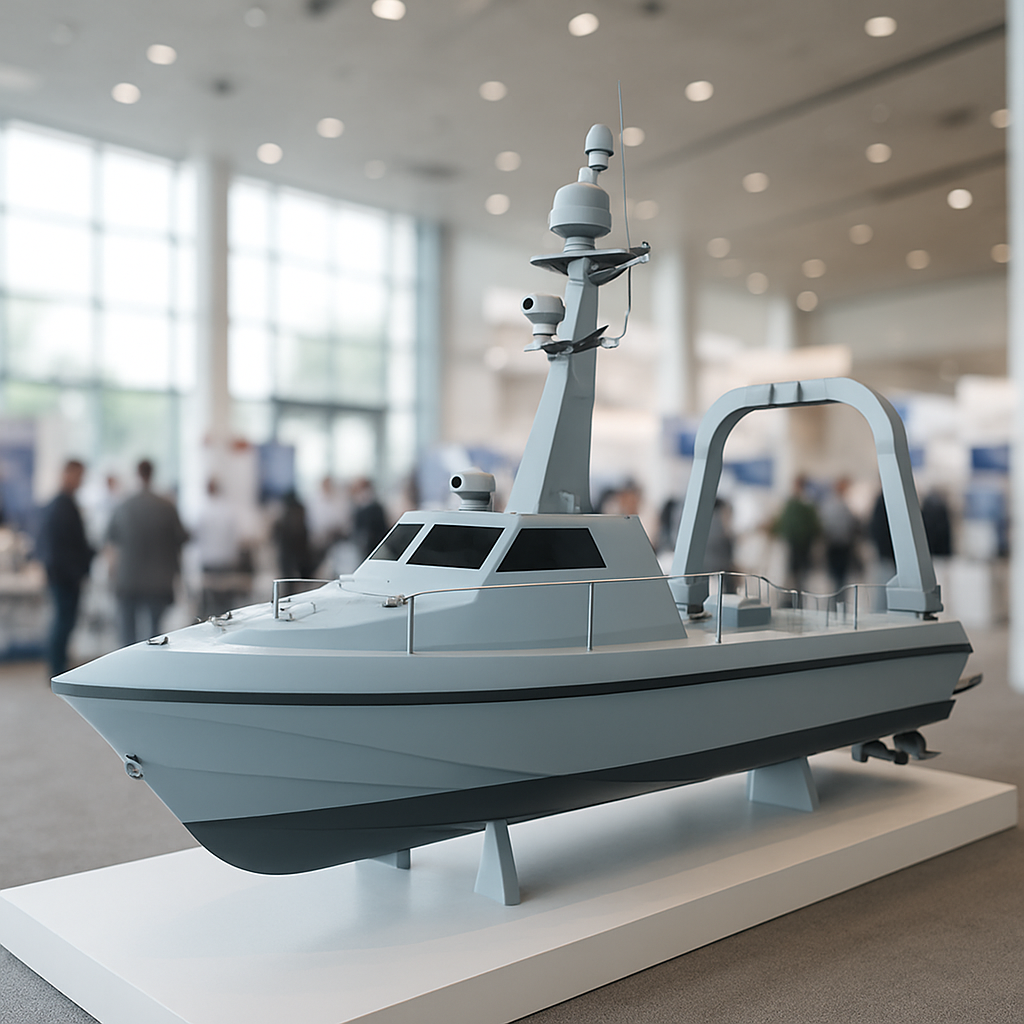 Unmanned naval vessel on display at exhibition with attendees in background.