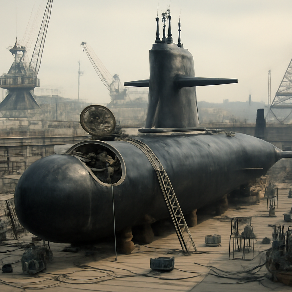 US Navy submarine in dry dock with open hatch and exposed systems.