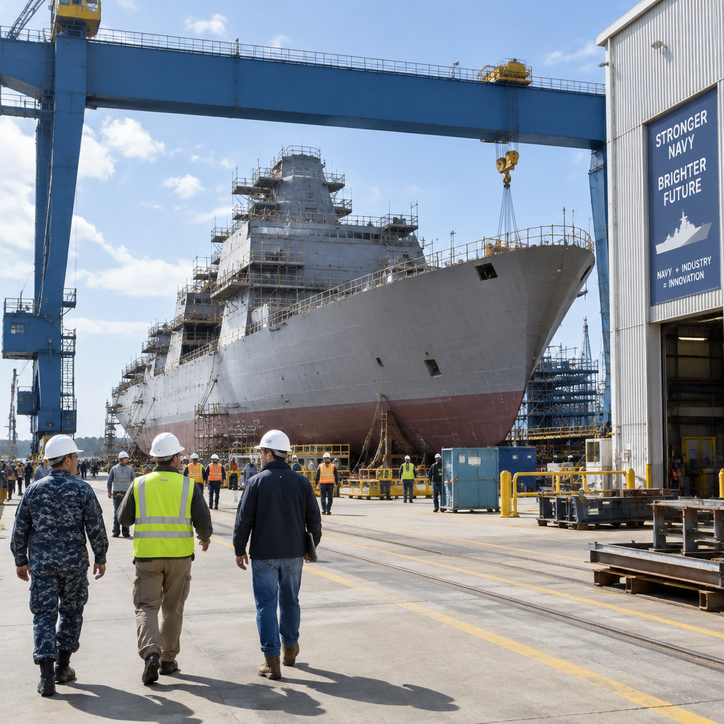 Workers stand near a gantry crane at a shipyard with a partially built naval vessel in the background.