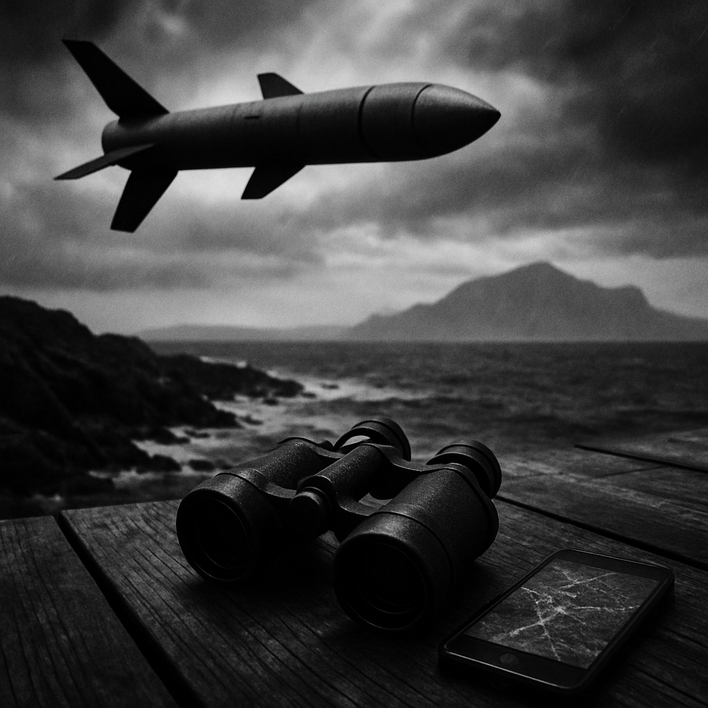 Winged bomb flies through stormy sky with rugged coastline and mountains in background, binoculars lie abandoned on…