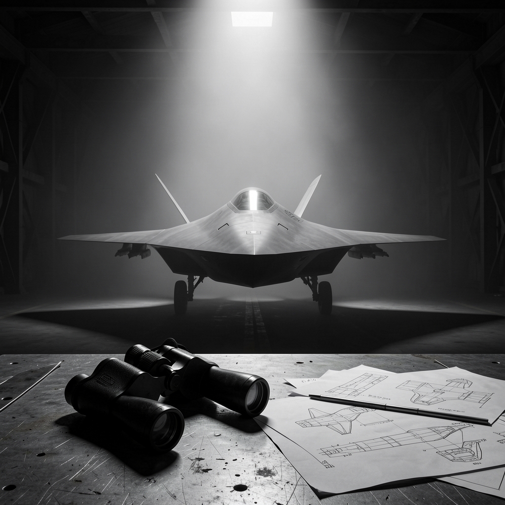 Futuristic fighter jet emerges from darkened hangar under spotlight.