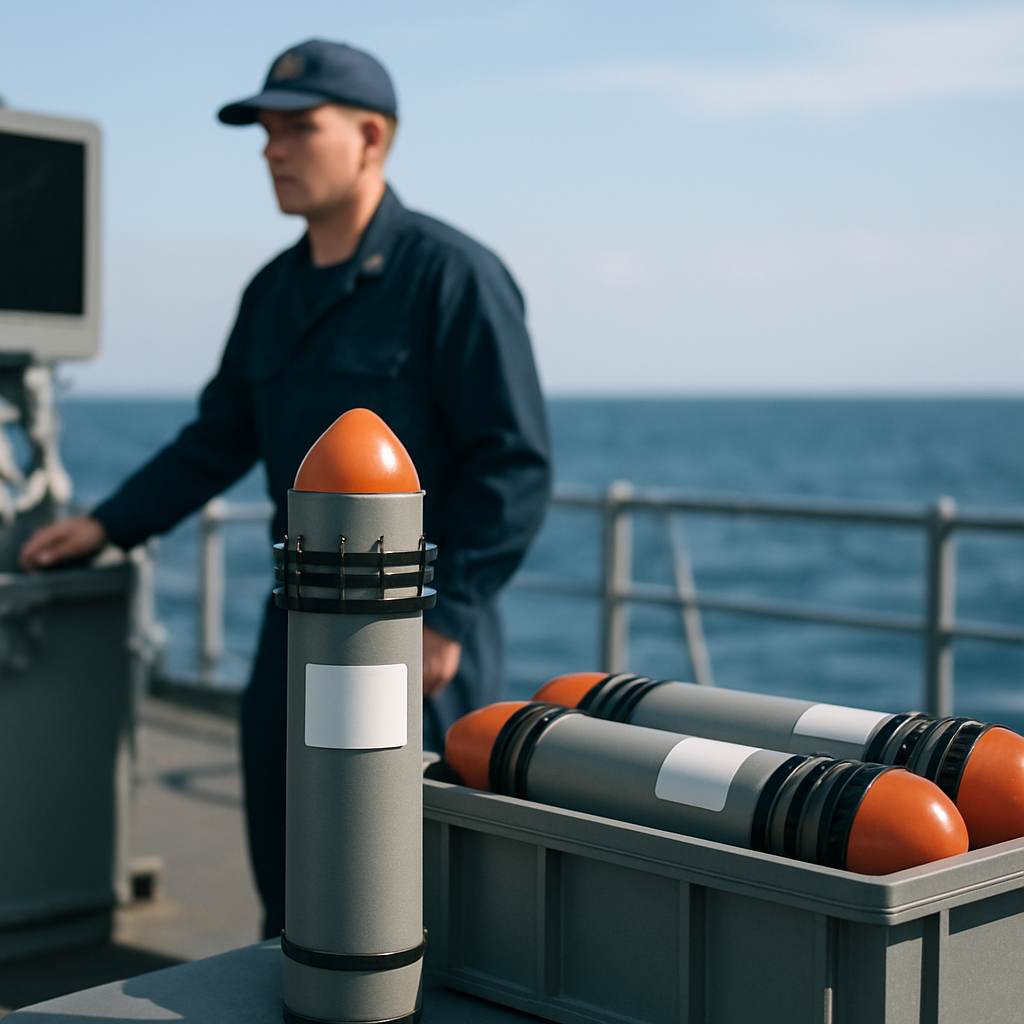 Naval personnel stands beside a sonobuoy device on a ship deck in daylight.