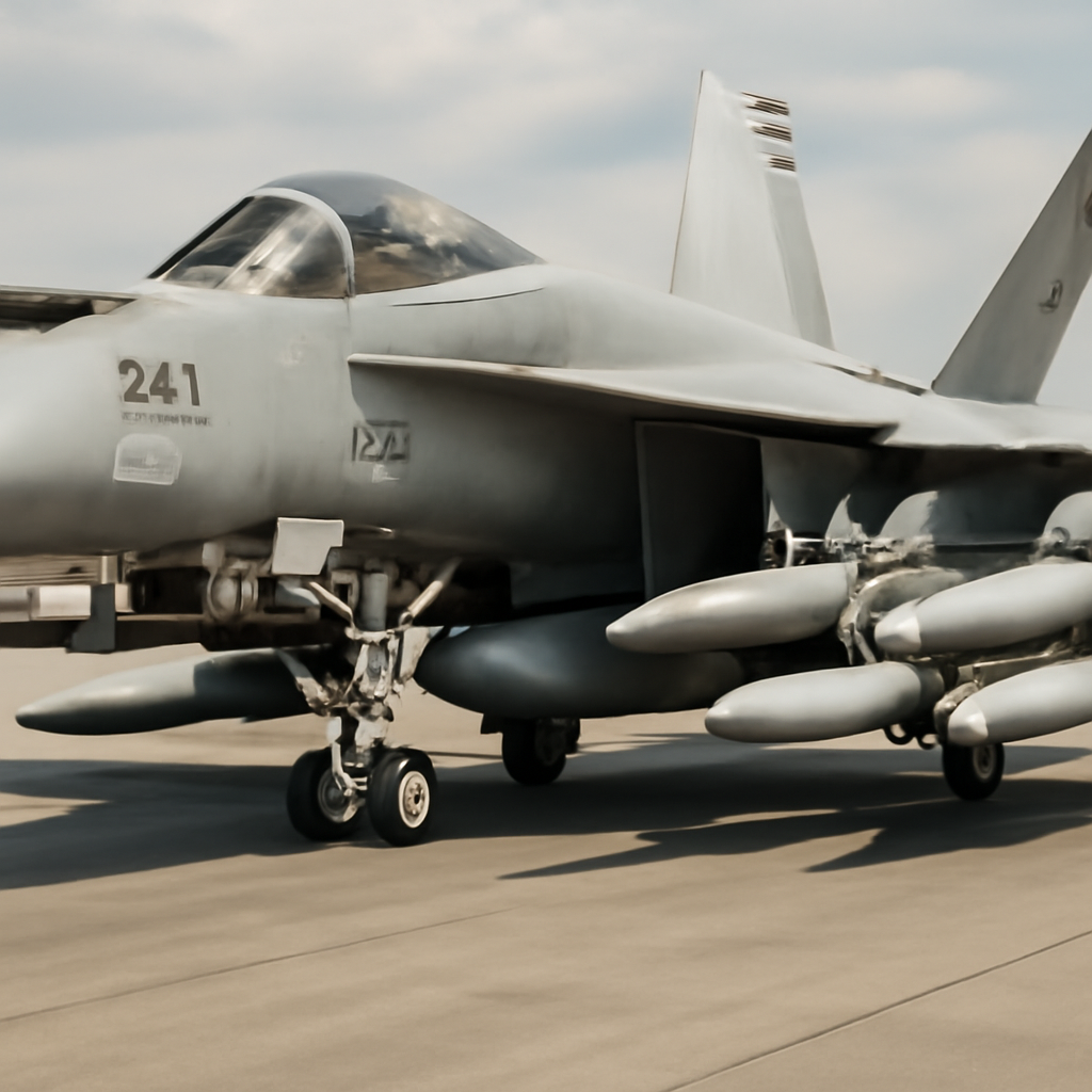 US Navy fighter jet loaded with four long-range air-to-air missiles on a runway or in a hangar bay.
