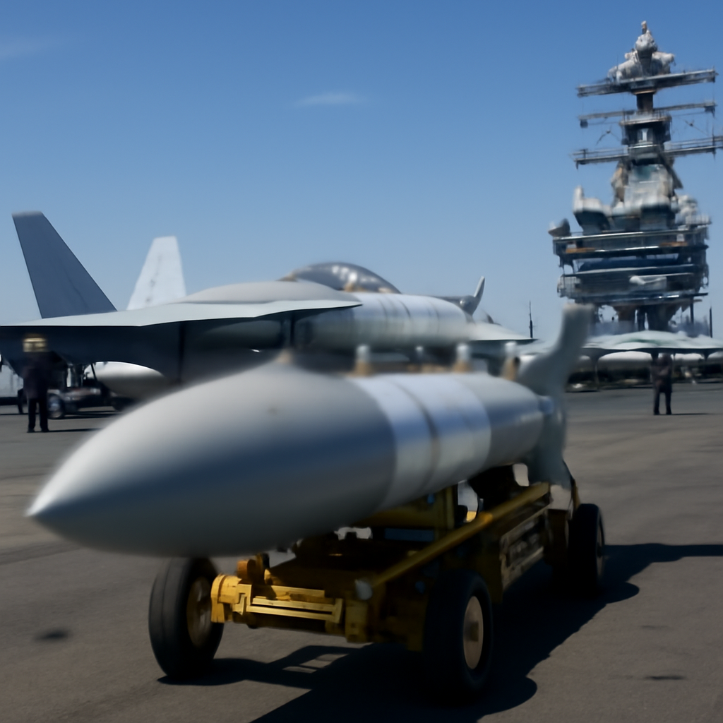 US Navy aircraft carrier flight deck with fighter jets and a prominent missile.