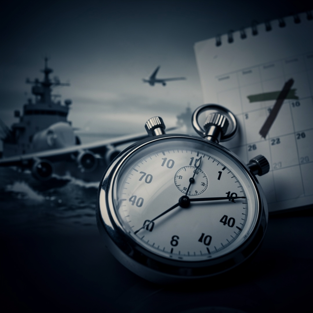 Close-up of a stopwatch with blurred naval operations background and calendar page, evoking urgency and delay.