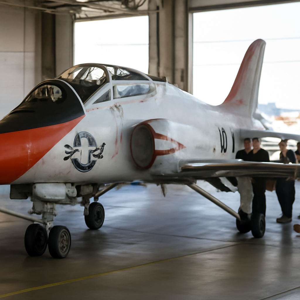 Naval jet trainer sits idle on a brightly-lit runway or in a hangar, hinting at delays.