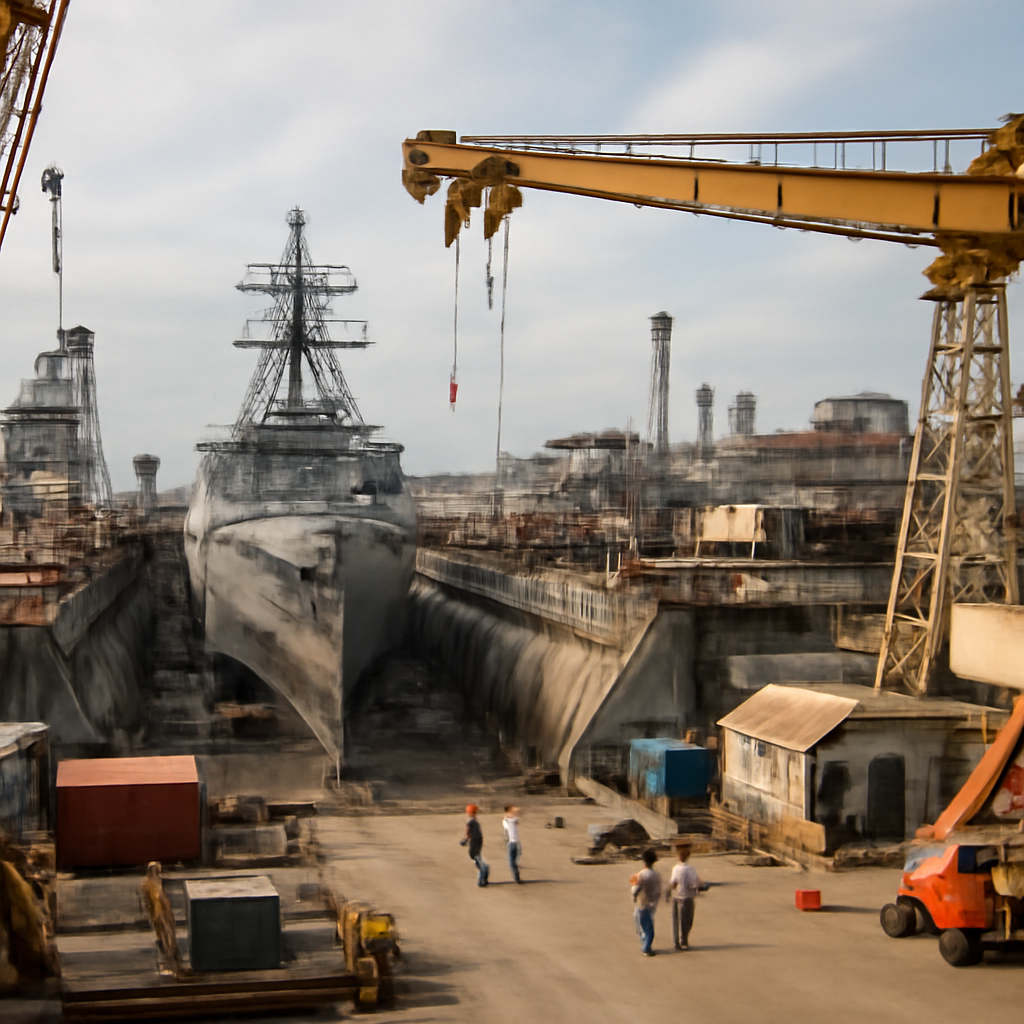 Large naval shipyard with old and new infrastructure, construction equipment, and a sprawling facility in the distance.