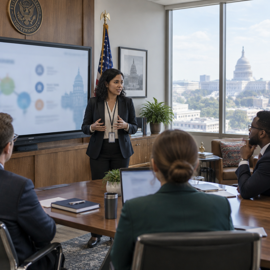 Government employees discuss tech modernization in office with city view.