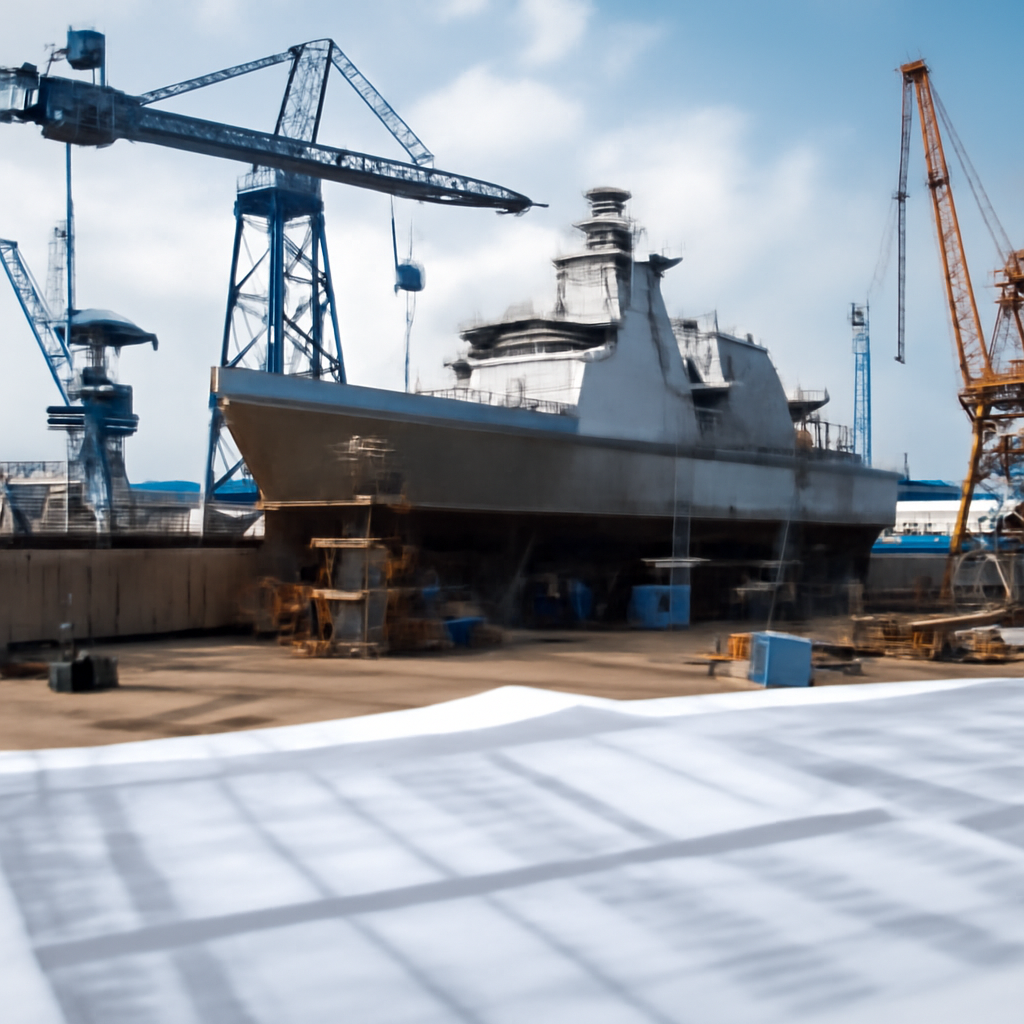 Large naval shipyard with partially built warship and construction equipment.