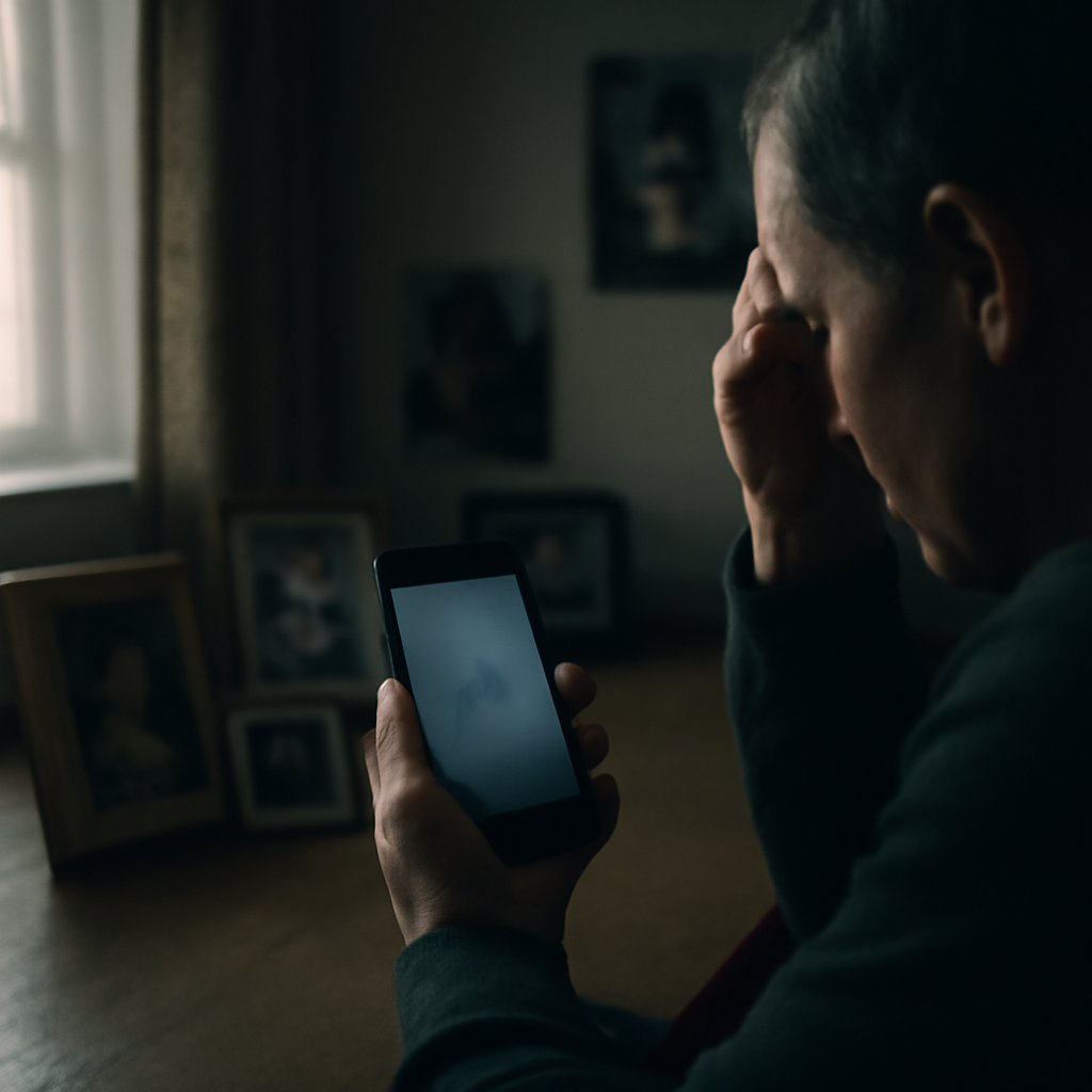 Parent holds smartphone, surrounded by family photos in dimly lit home setting, conveying concern and vulnerability.