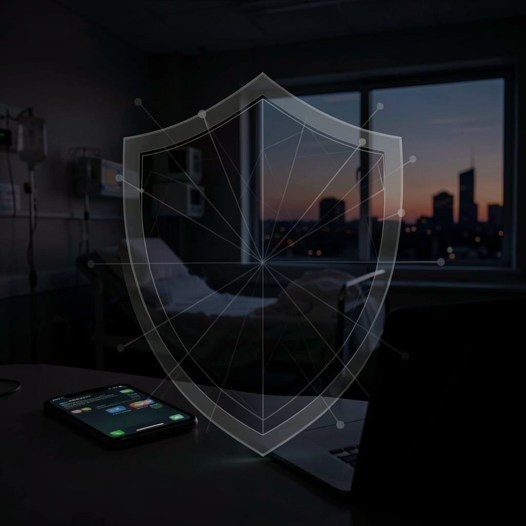 Shield protects hospital network, with cityscape and devices in shadows.