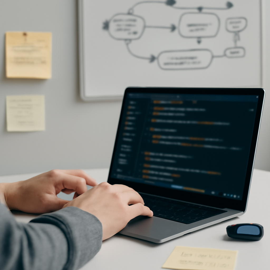 Secure tech development environment with workstation, blurred laptop screen, and abstract whiteboard notes.