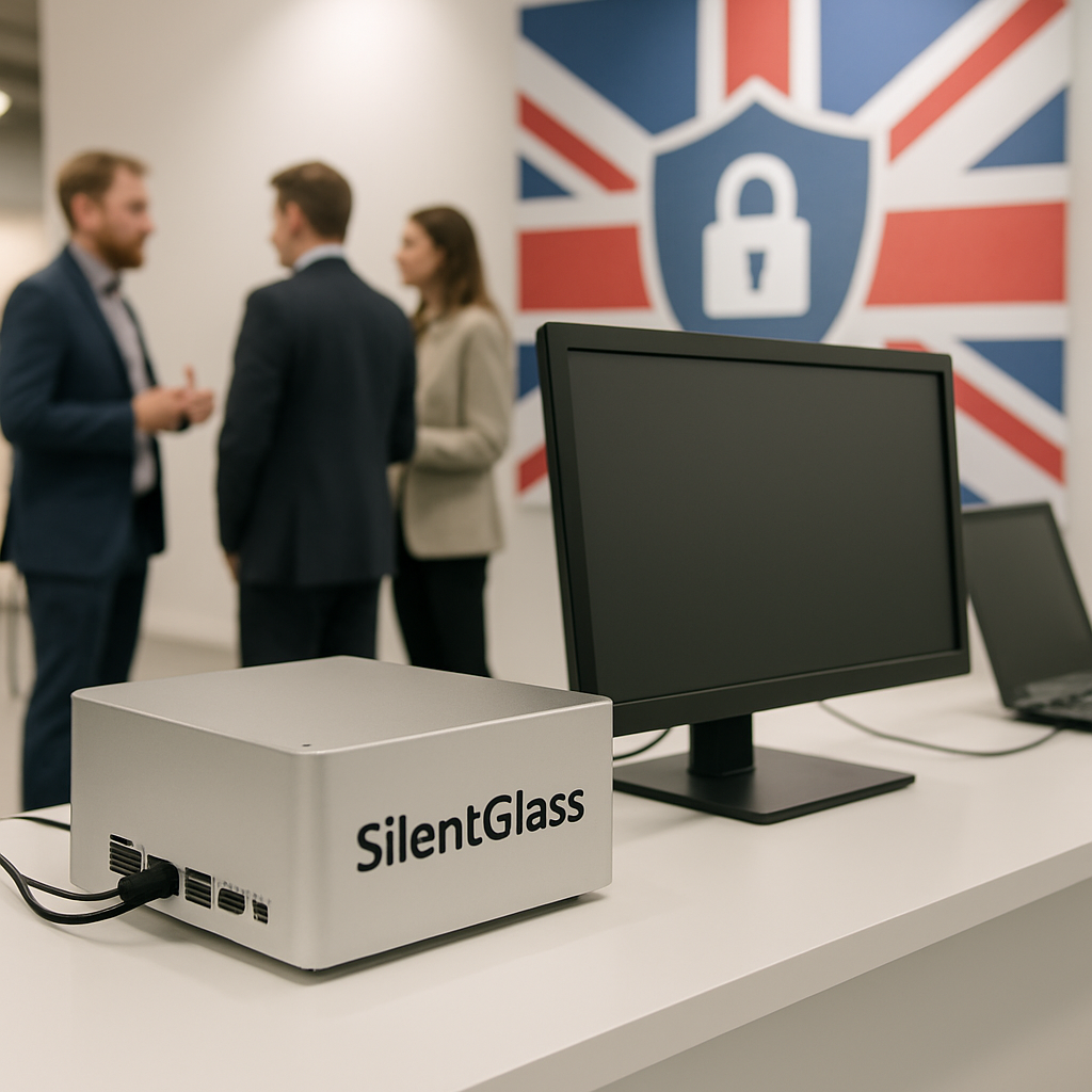 A display table featuring a sleek, compact SilentGlass device with cables and ports, in a brightly lit conference booth…