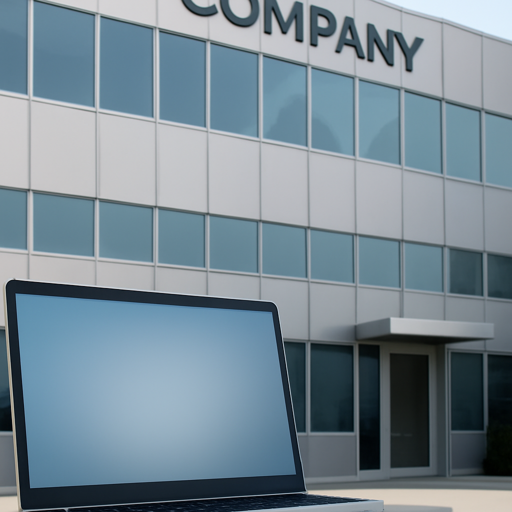 Corporate headquarters with subtle hints of vulnerability and a blank computer screen.