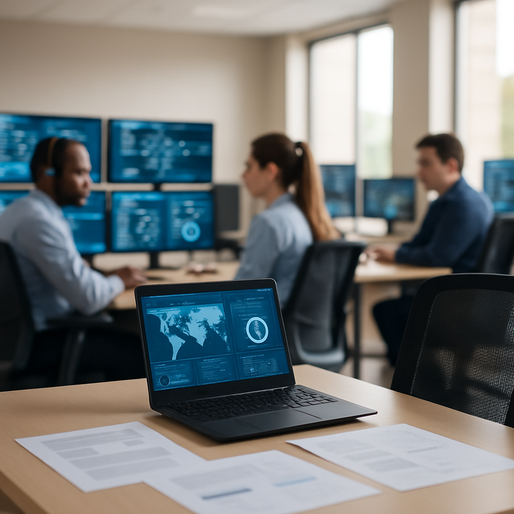 Security analysts work at desks in a bright, modern operations center with a central workstation and empty chair.