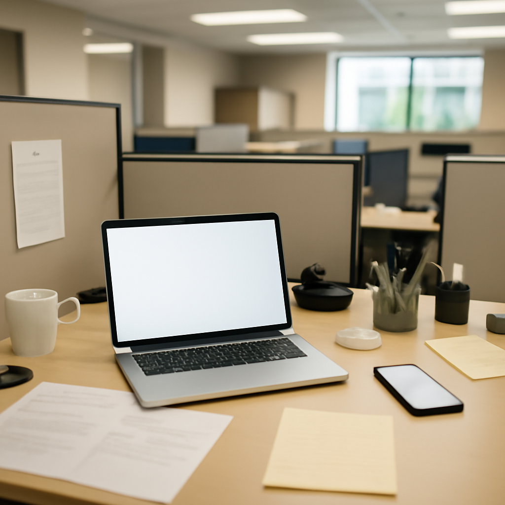 Empty office cubicle with laptop, smartphone, and papers on a desk, surrounded by other cubicles and a window with natural…