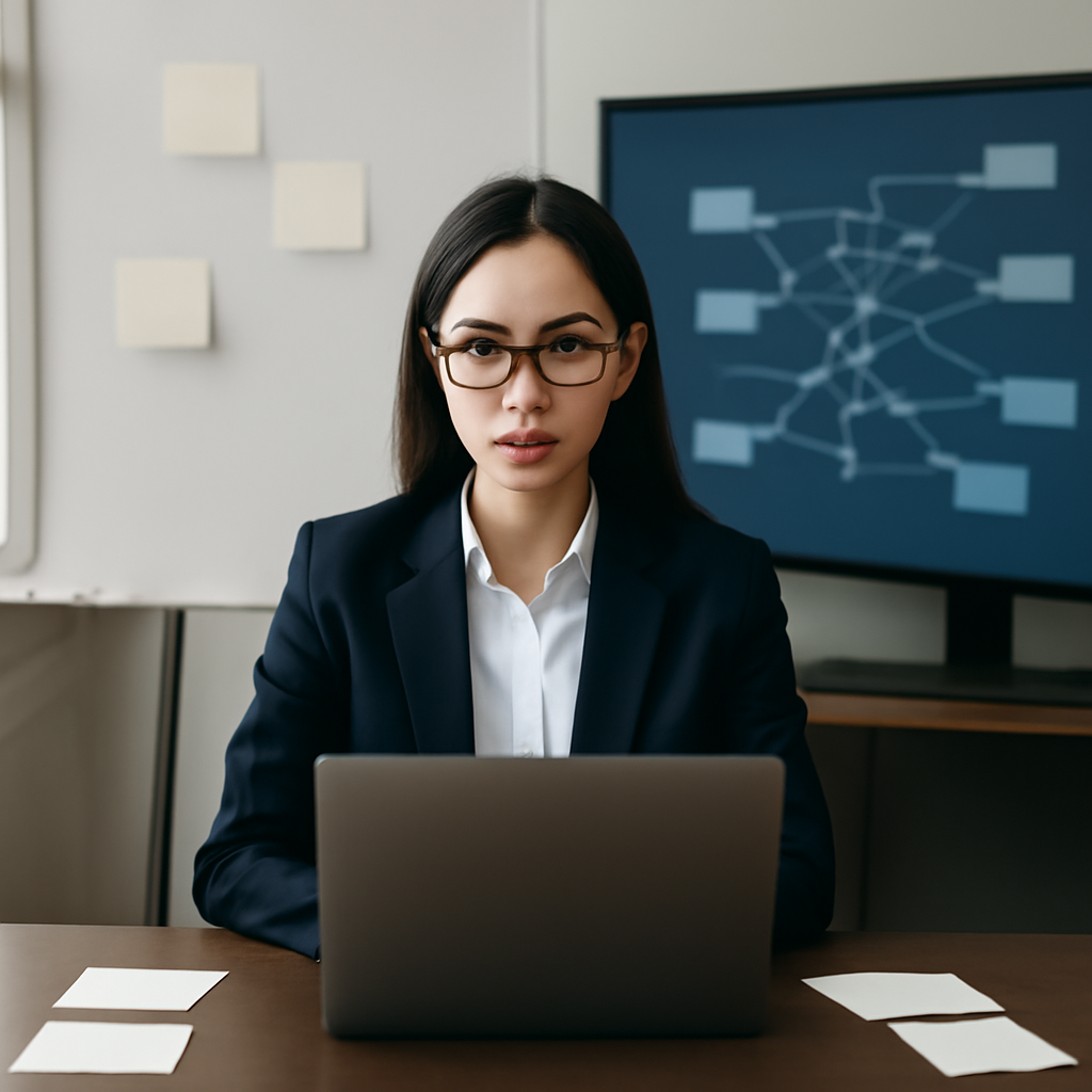 Person sitting at desk with laptop, surrounded by empty sticky notes and a blank whiteboard, in a well-lit professional…