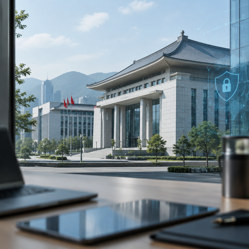 Modern Asian government building façade with subtle tech hints.