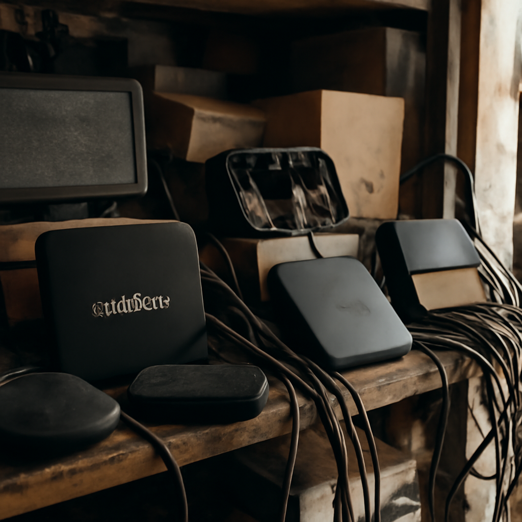 Cluttered electronics shelf with Android TV boxes and streaming devices surrounded by tangled cables.