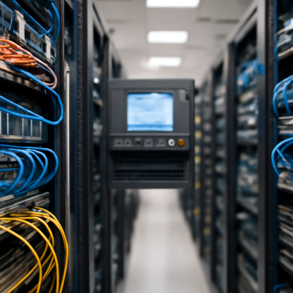Rows of computer servers and networking equipment on racks in a well-lit data center environment.