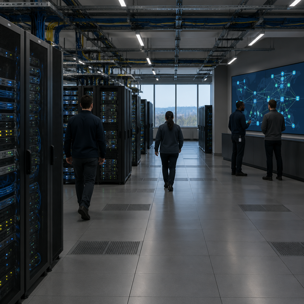 Technicians walk between rows of server racks and networking equipment in a dimly lit network operations center.