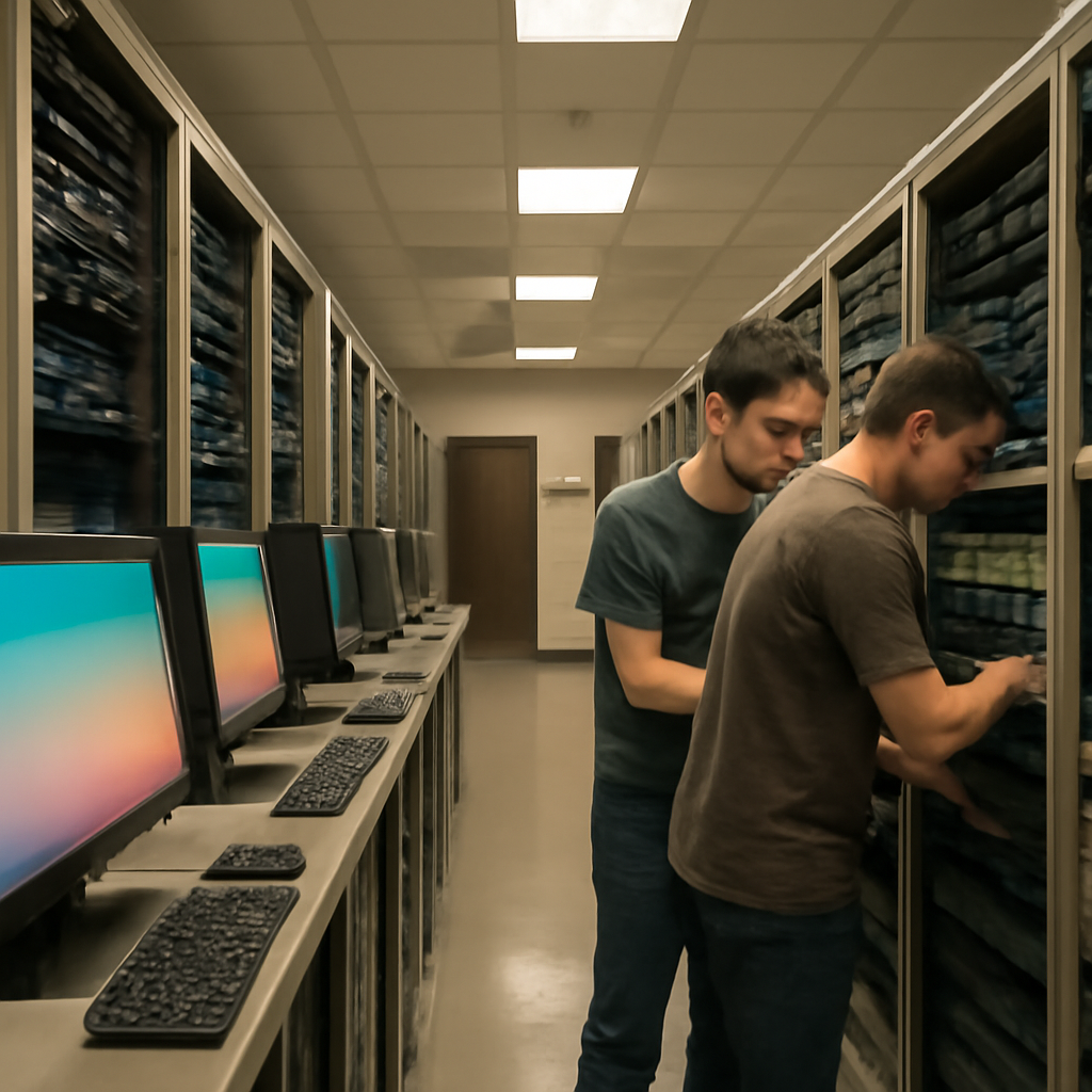 Network equipment and management consoles line a dimly lit operations center corridor.