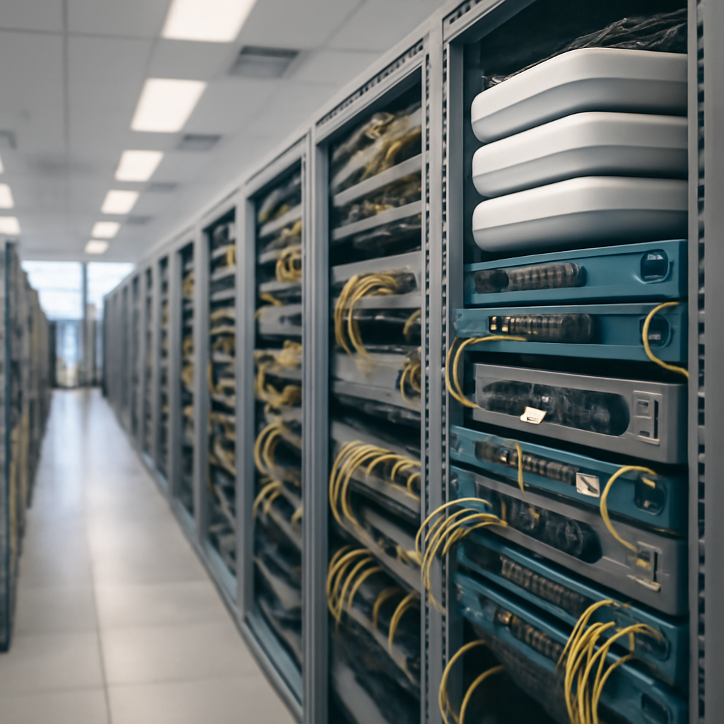 Rows of networking equipment, including routers and switches, fill a large IT room under bright daylight and fluorescent…
