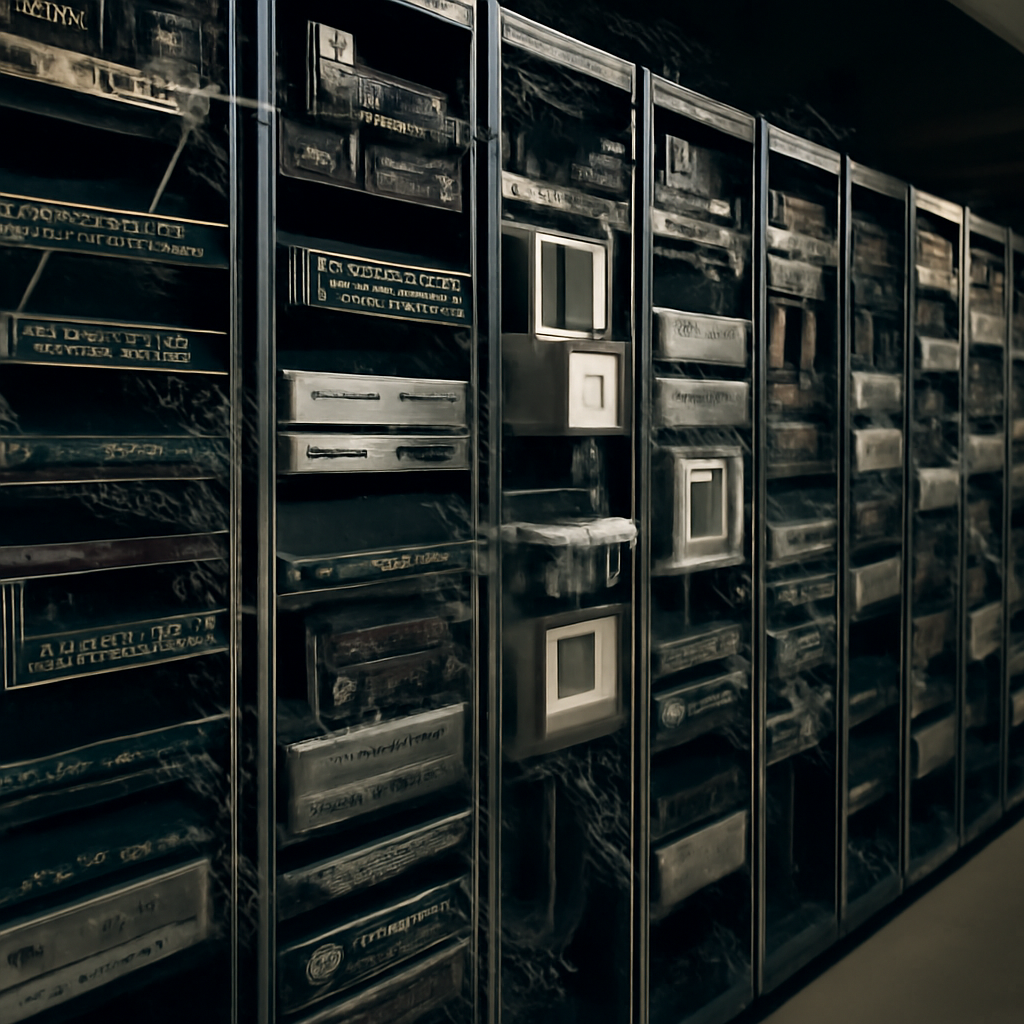 Rows of equipment racks in a dimly lit server room hold a mix of IT, OT, IoT, and IoMT devices with visible cables and…