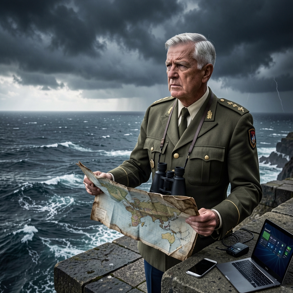 Senior military officer in formal uniform stands at cliff's edge, gazing out at turbulent stormy sea with dark clouds…