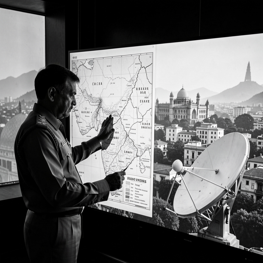 Military officer studies India-China border map on large screen with New Delhi cityscape and satellite dish in background.