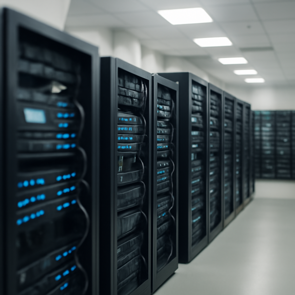 Rows of computer servers and networking equipment in a brightly-lit server room, with one server slightly blurred in the…