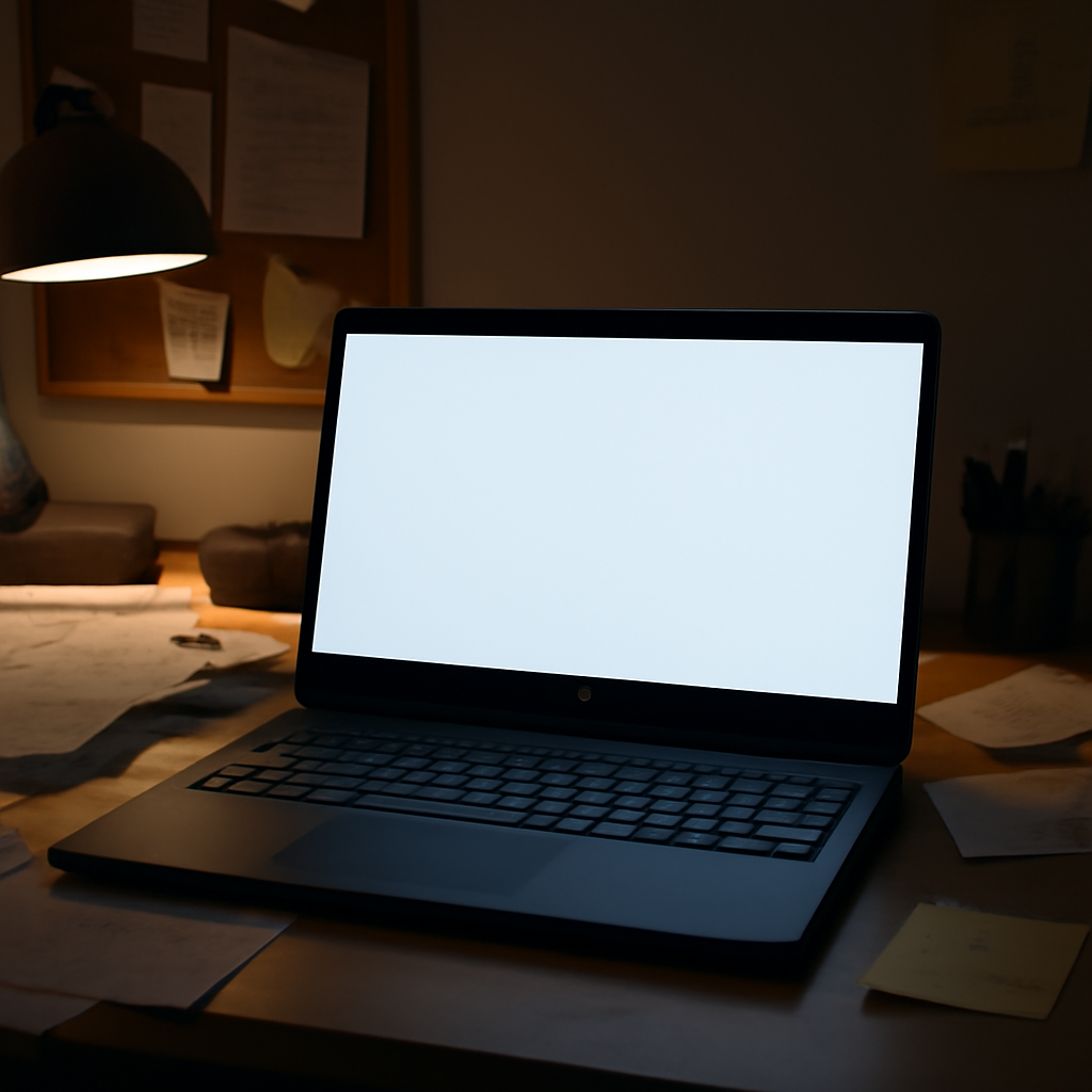 Cluttered home office desk with a blank laptop screen and scattered papers.