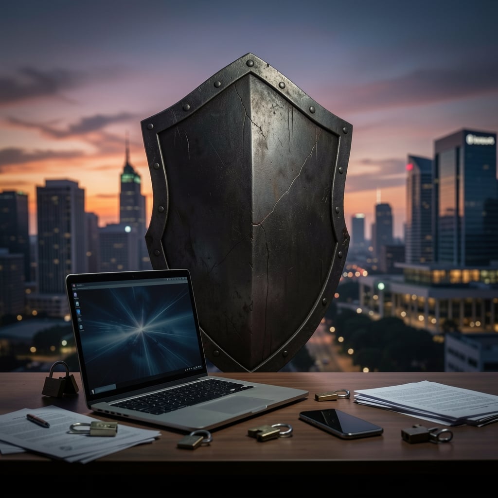 A large shield stands guard over a cityscape at dusk, with laptop, phone, papers, and locks in the foreground, symbolizing…