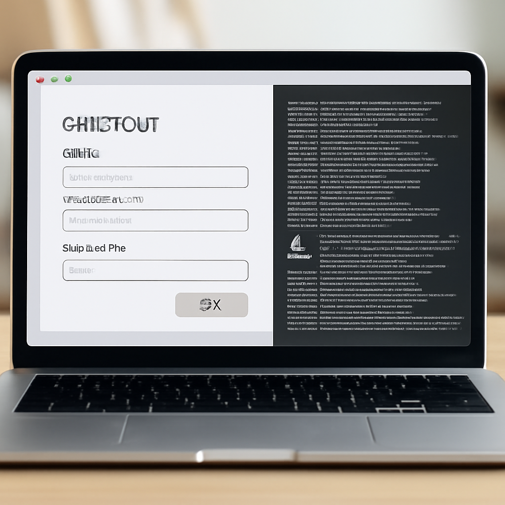 Laptop screen shows retail website checkout page with multiple scripts loading in the background.