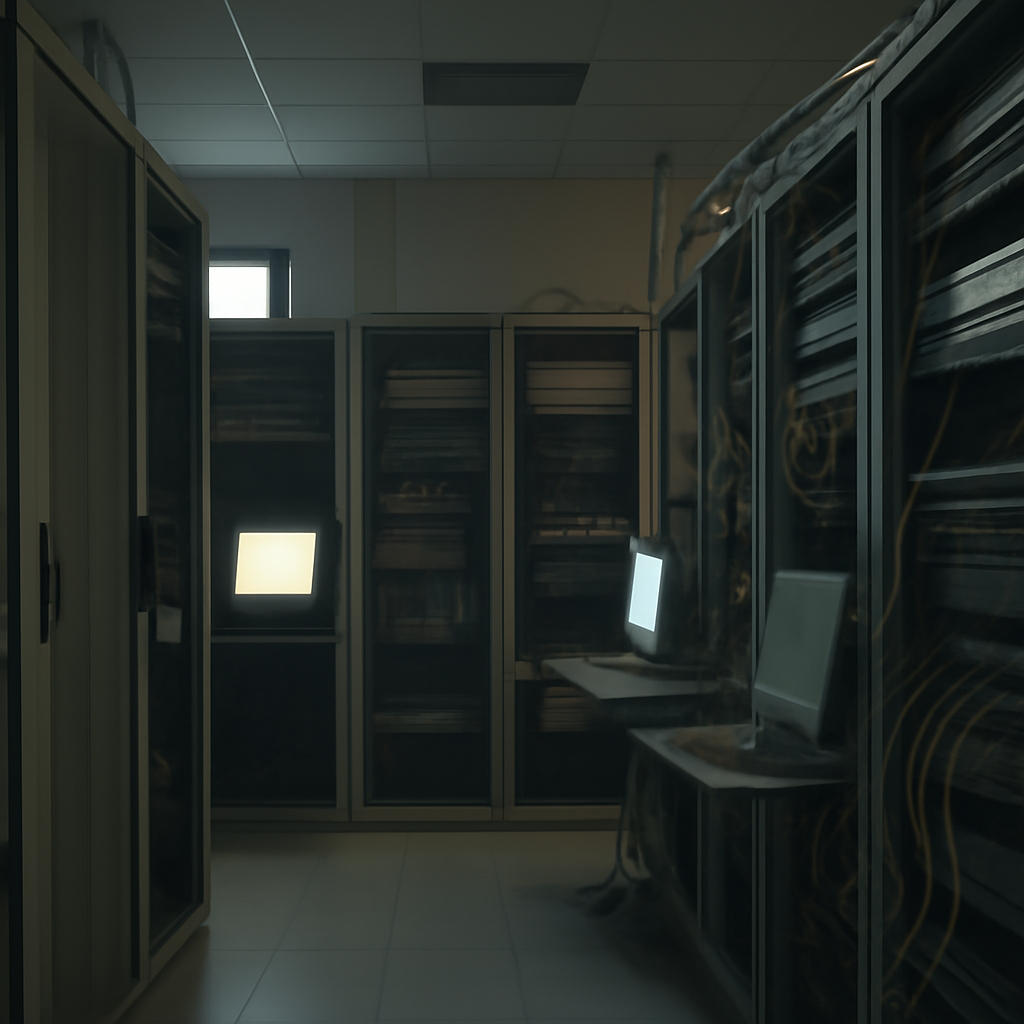 Rows of computer servers and networking equipment in a dimly lit data center interior.