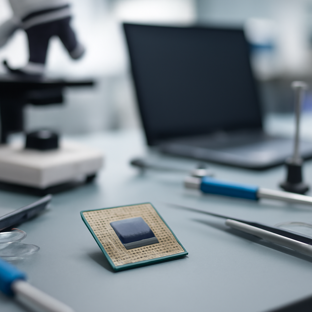 Computer chip on laboratory bench surrounded by scientific instruments.