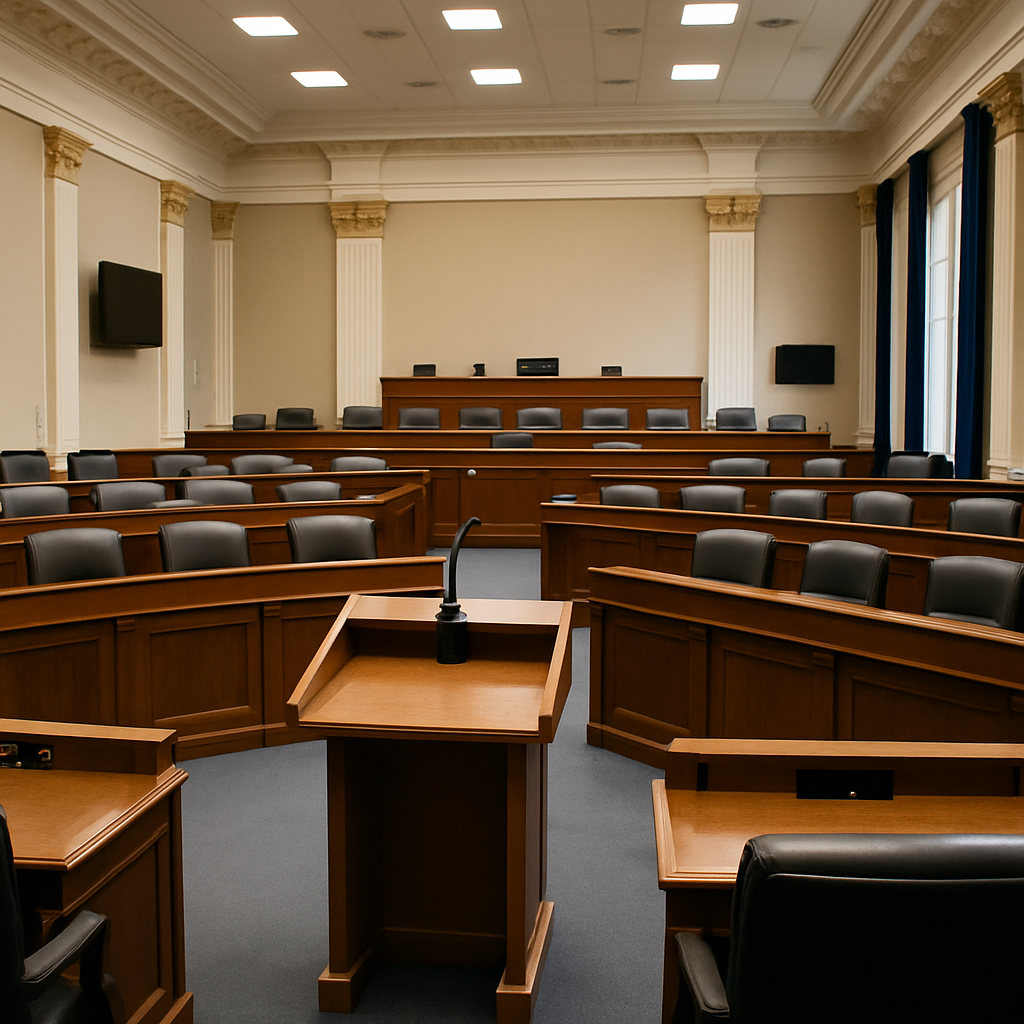Empty congressional hearing room with podium, mix of modern and traditional architecture.